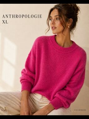 Anthropologie XL 100% Cashmere Fuchsia Sweater Soft Luxury Knit